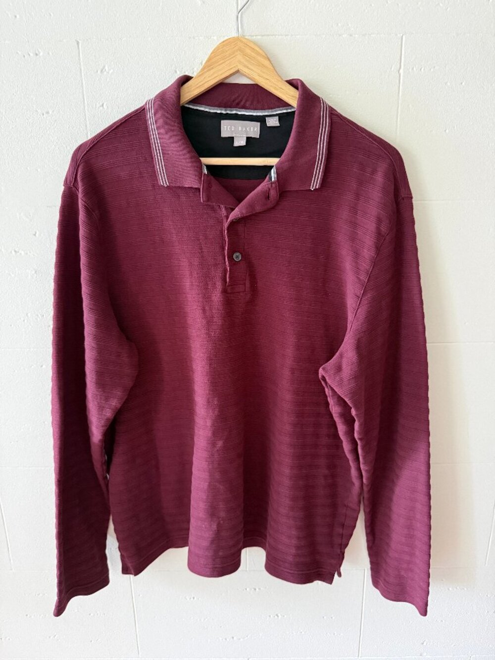 Ted Baker | Burgundy Popcorn Stripe Long Sleeve Polo Shirt | Large